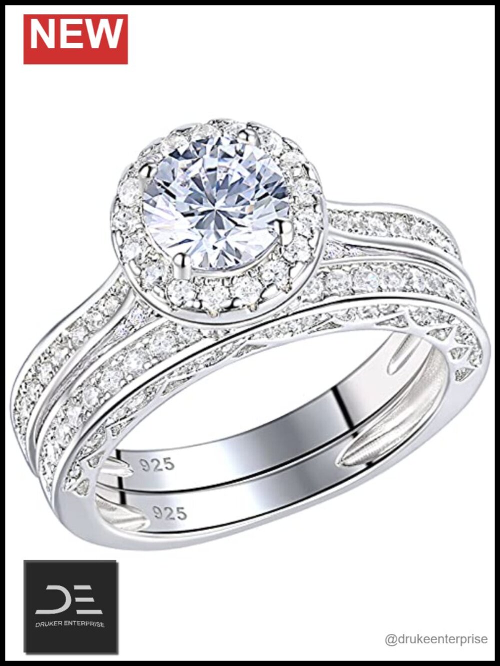 Bridal Ring Set Cubic Zirconia Halo Silver Plated Prong Set Size 8
